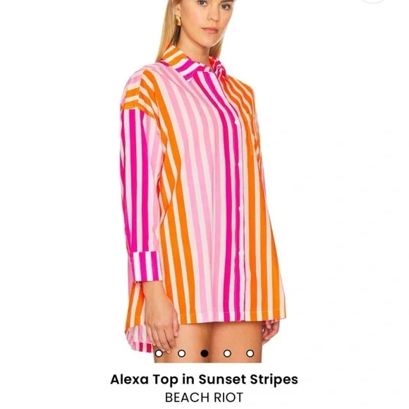 Beach Riot Pink Orange Striped Beach Resortwear Button Down Cover Up Shirt Sz PL - Picture 4 of 11